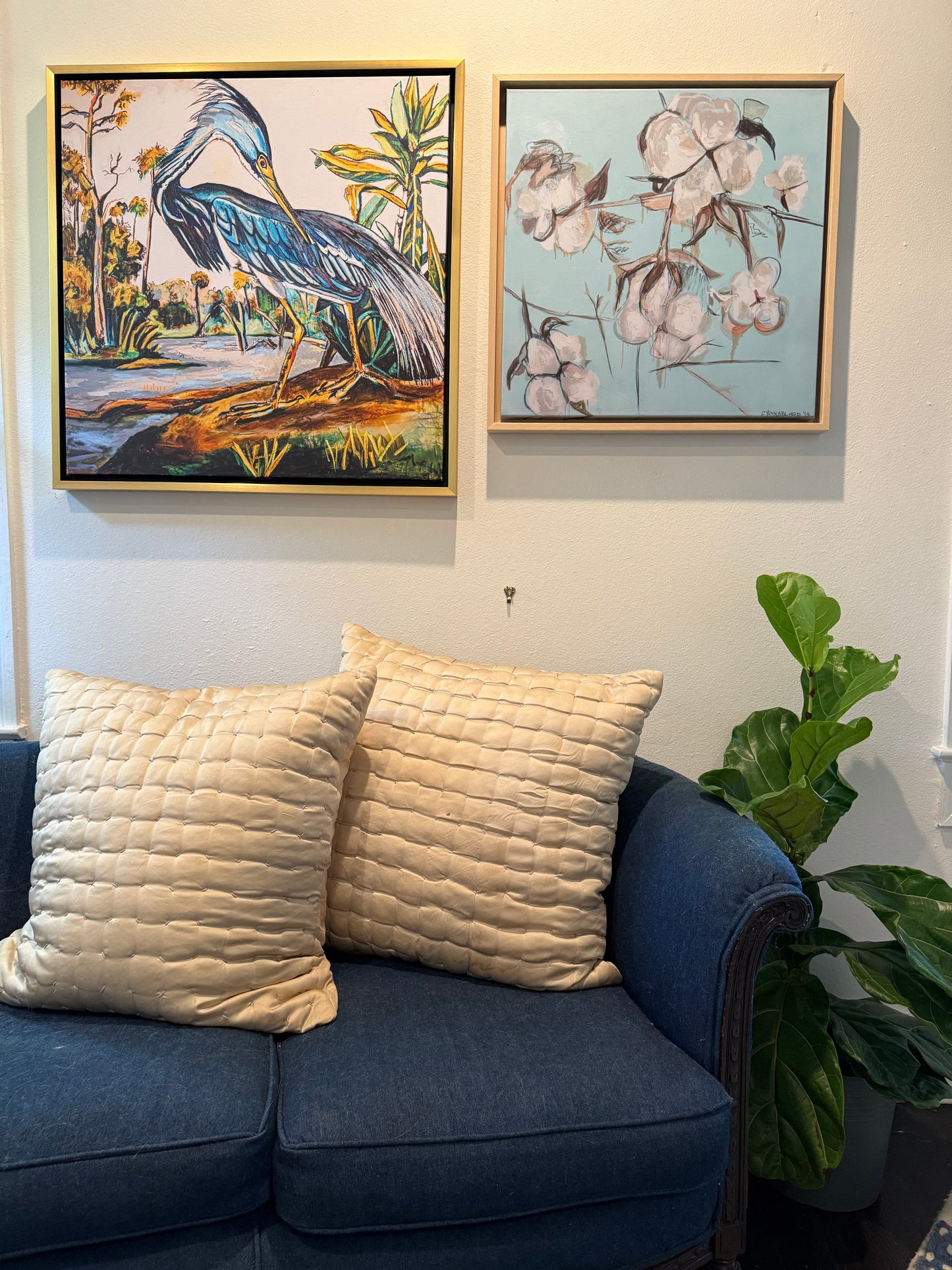 Blue Heron Giclee on Canvas (36x36”) with Gold Floating Frame