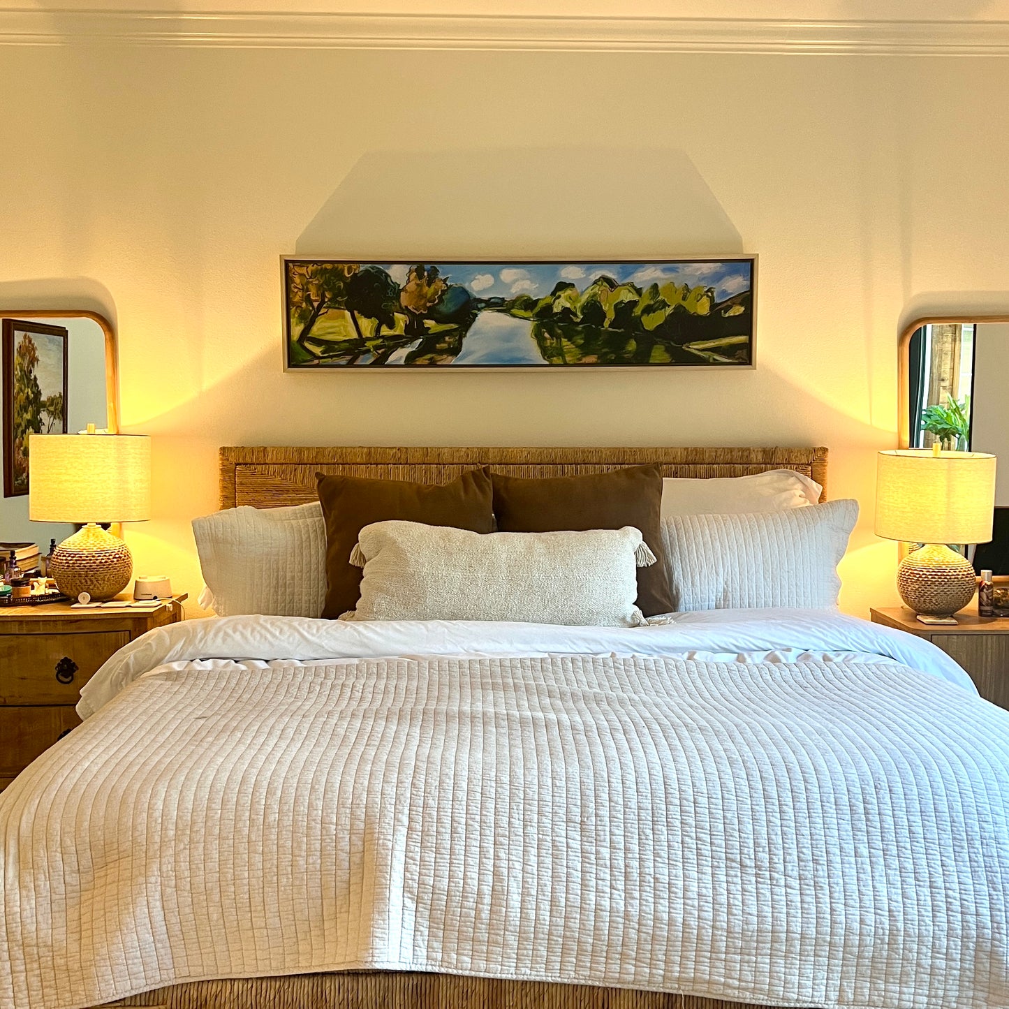 "Tranquil Lake" giclee on canvas with Natural Wood Floating Frame (60 x 13)