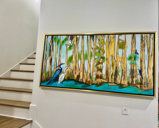 Golden Bayou with Love Birds Diptych (60 x 30") giclee on canvas with Gold Floating Frame