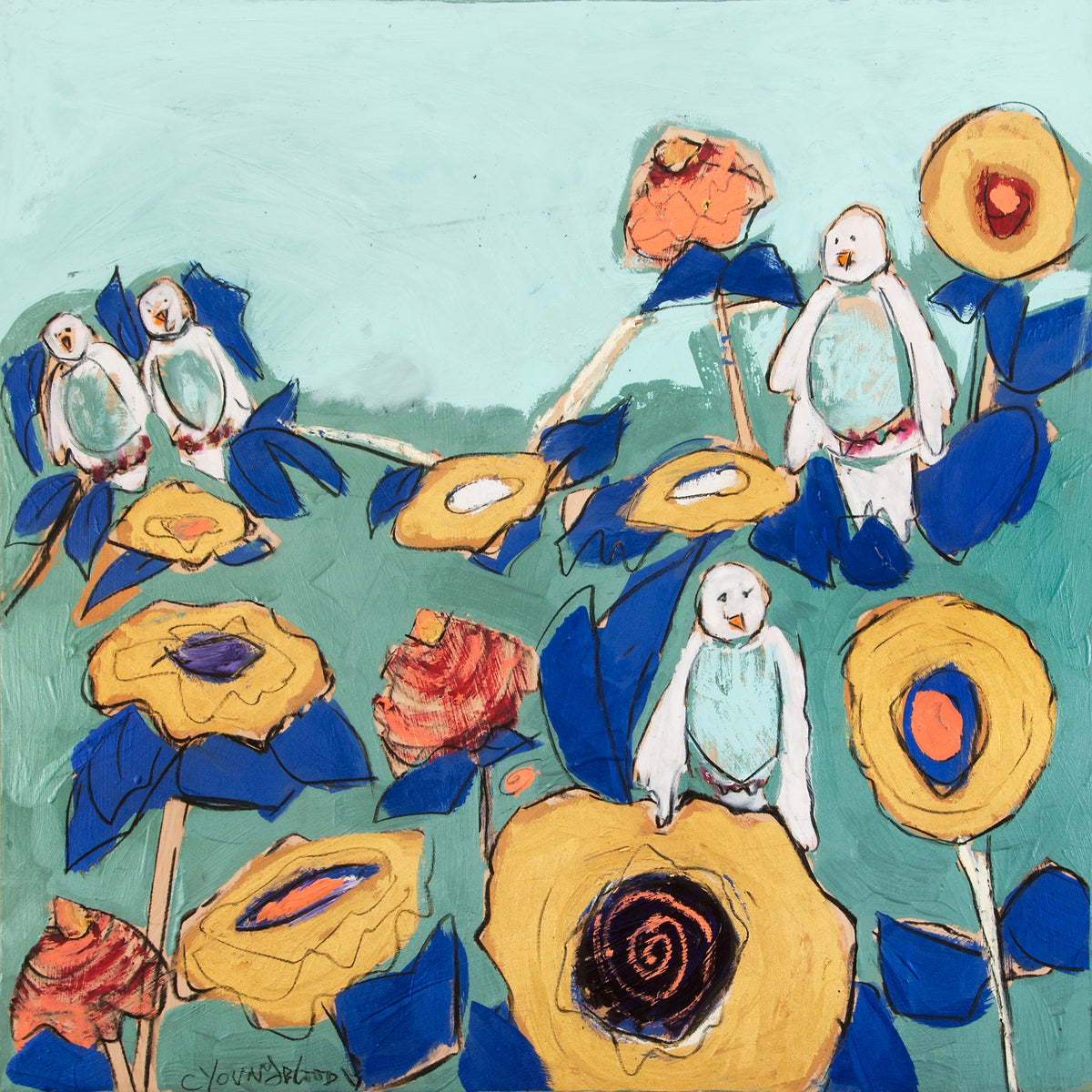 Doves with Sunflowers and Zinnias II