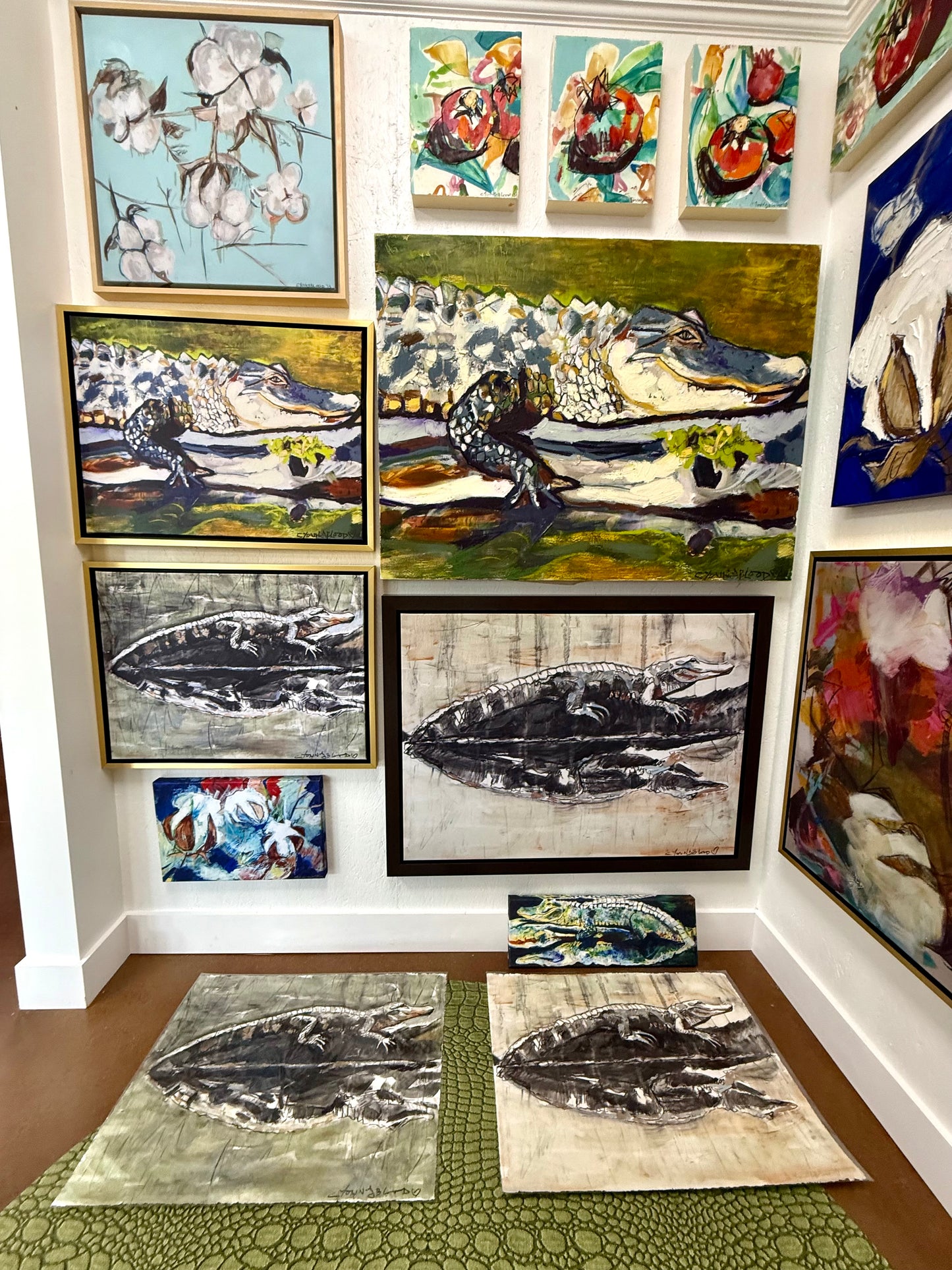 Chartreuse Gator (30x22”) Giclee on Canvas with Gold Floating Frame