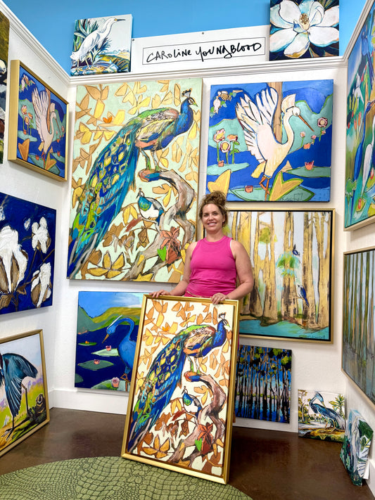 “Peacock Pair” (23x36”) giclee printed canvas with solid gold floating frame