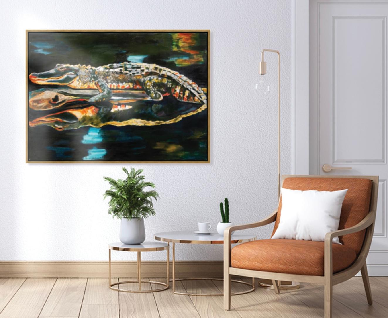 Alligator on a Log in Dark Bayou (36x48”) with gold floating frame