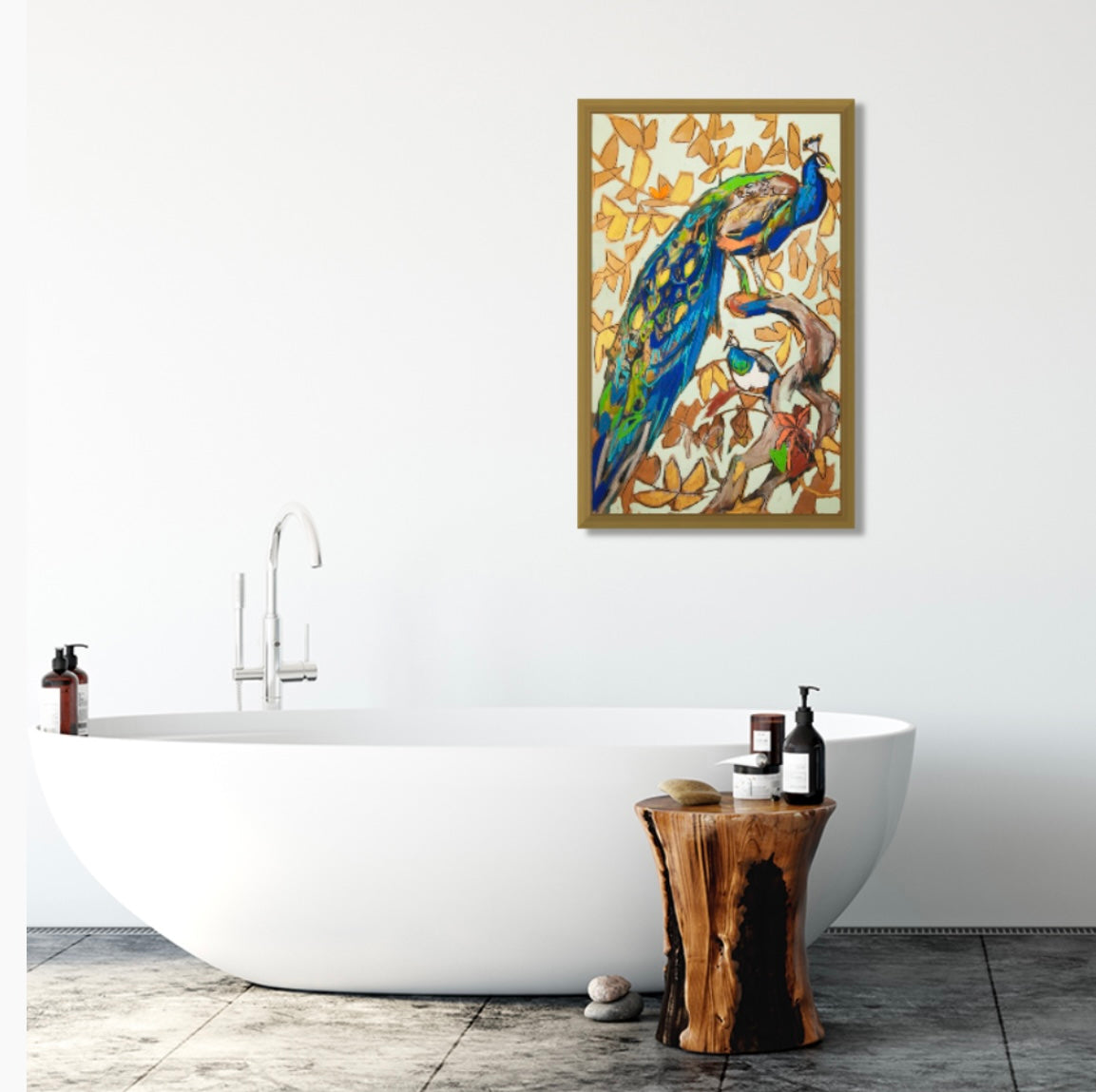 “Peacock Pair” (23x36”) giclee printed canvas with solid gold floating frame