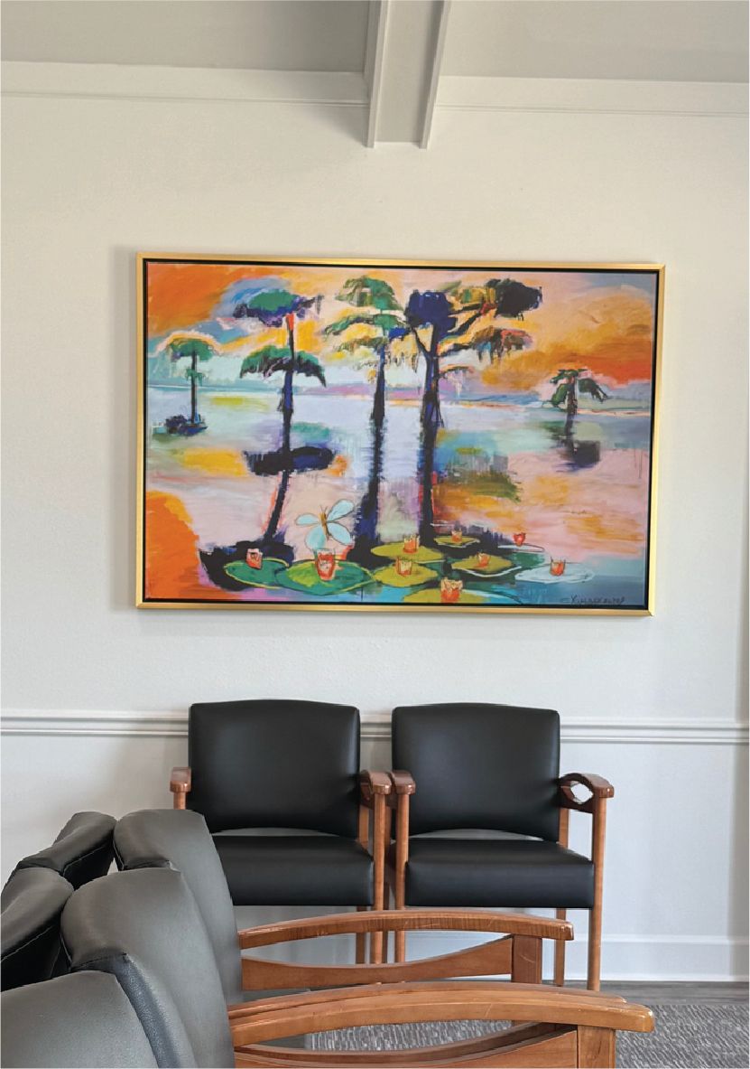 “Bayou Oasis at Sunrise with Lilypads” (48x31”) with Gold Floating Frame