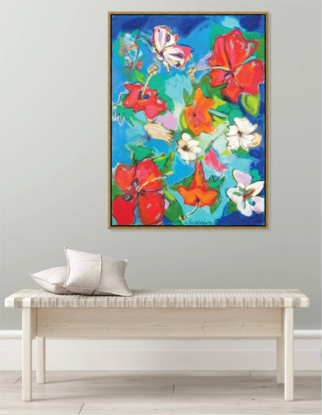 Bayou Oasis with Hibiscus and Butterflies I (36x48”) with gold floating frame