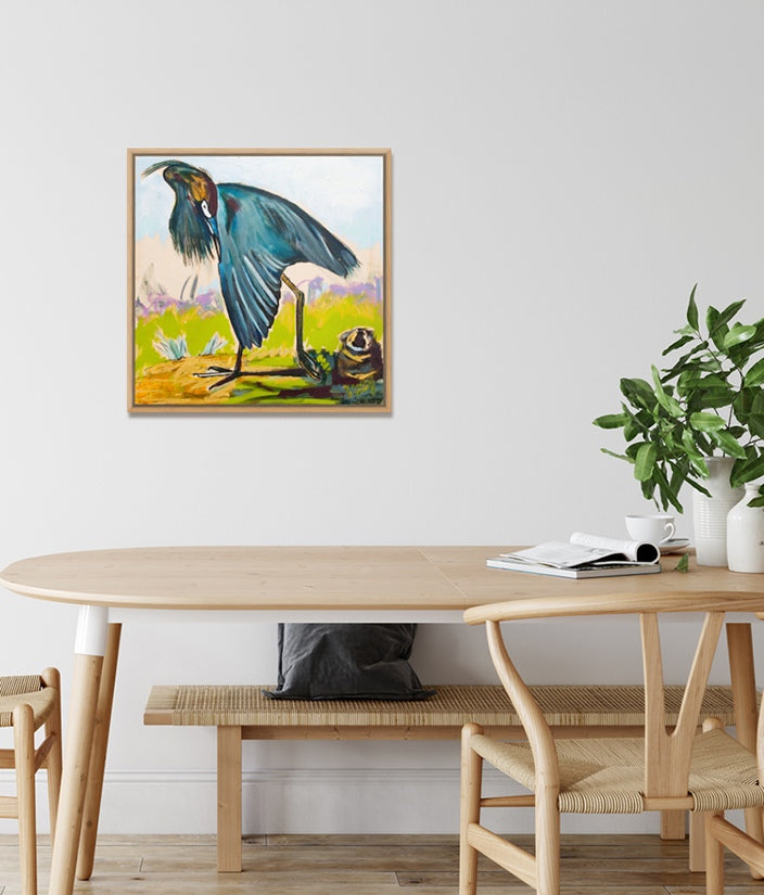 “Blue Heron Showing Wing” (24x24”) giclee on canvas with Natural Wood Floating Frame