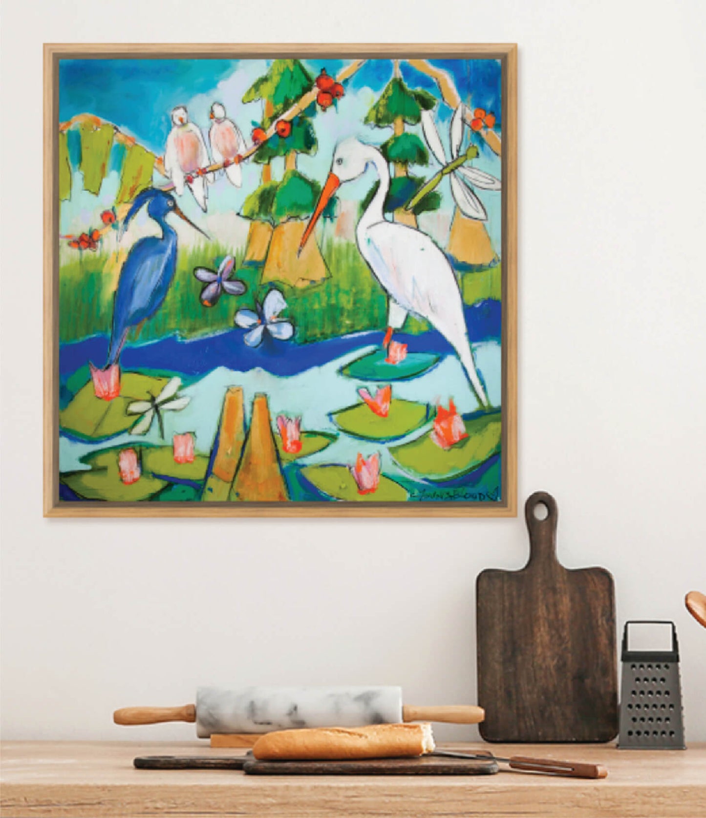 Blue and White Herons in Bayou Oasis (30x30”) with natural wood floating frame