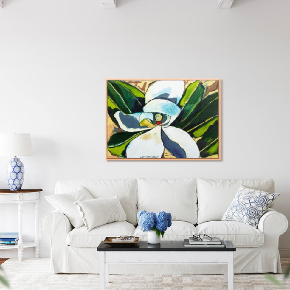 “Shy Magnolia” (36x48”) Giclee printed canvas with natural wood floating frame