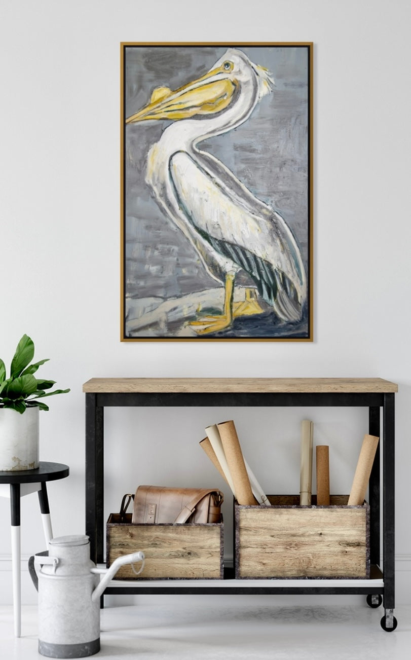 White Pelican (48x31”) Giclee on Canvas with Gold Floating Frame
