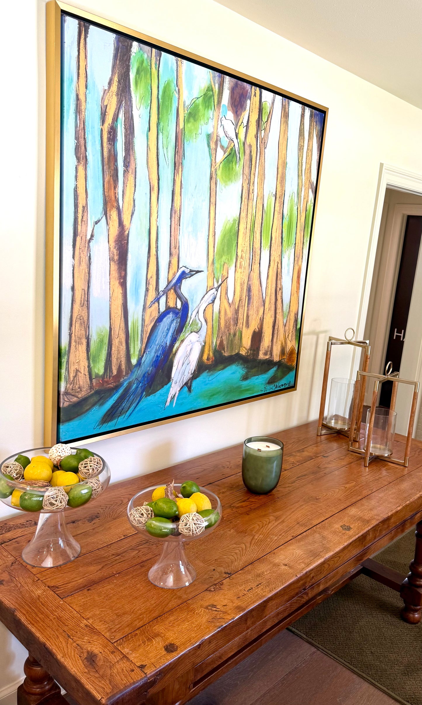 “Love Birds in Golden Bayou” (48x48”) Giclee printed canvas with gold floating frame