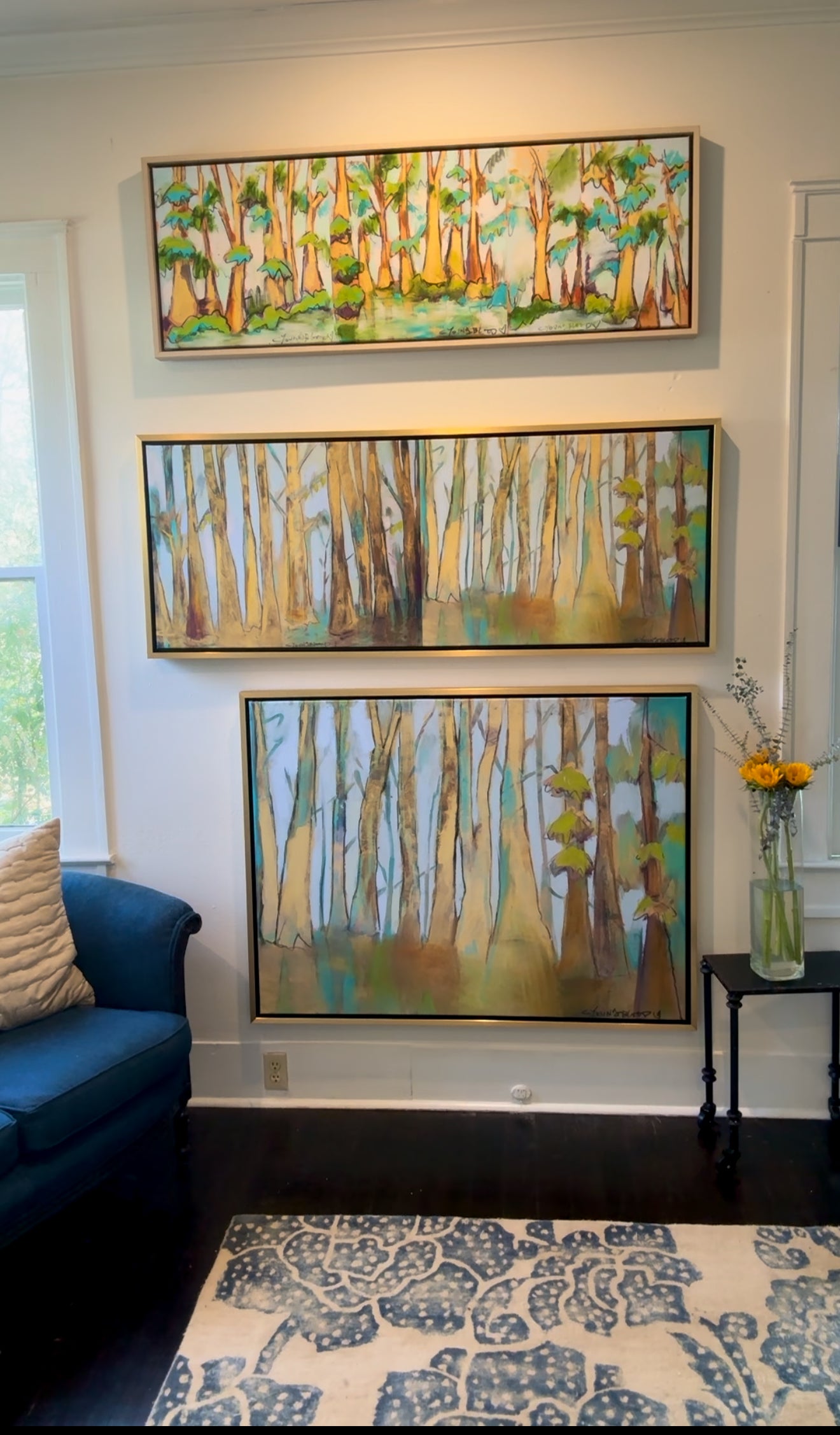 Golden Bayou with Cypress Trees Diptych (60 x 22") giclee on canvas with Gold Floating Frame