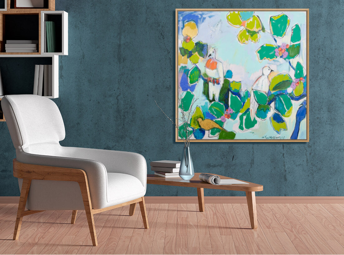 Doves in Ivy (36 x 36) giclee on canvas with Natural Wood Floating Frame