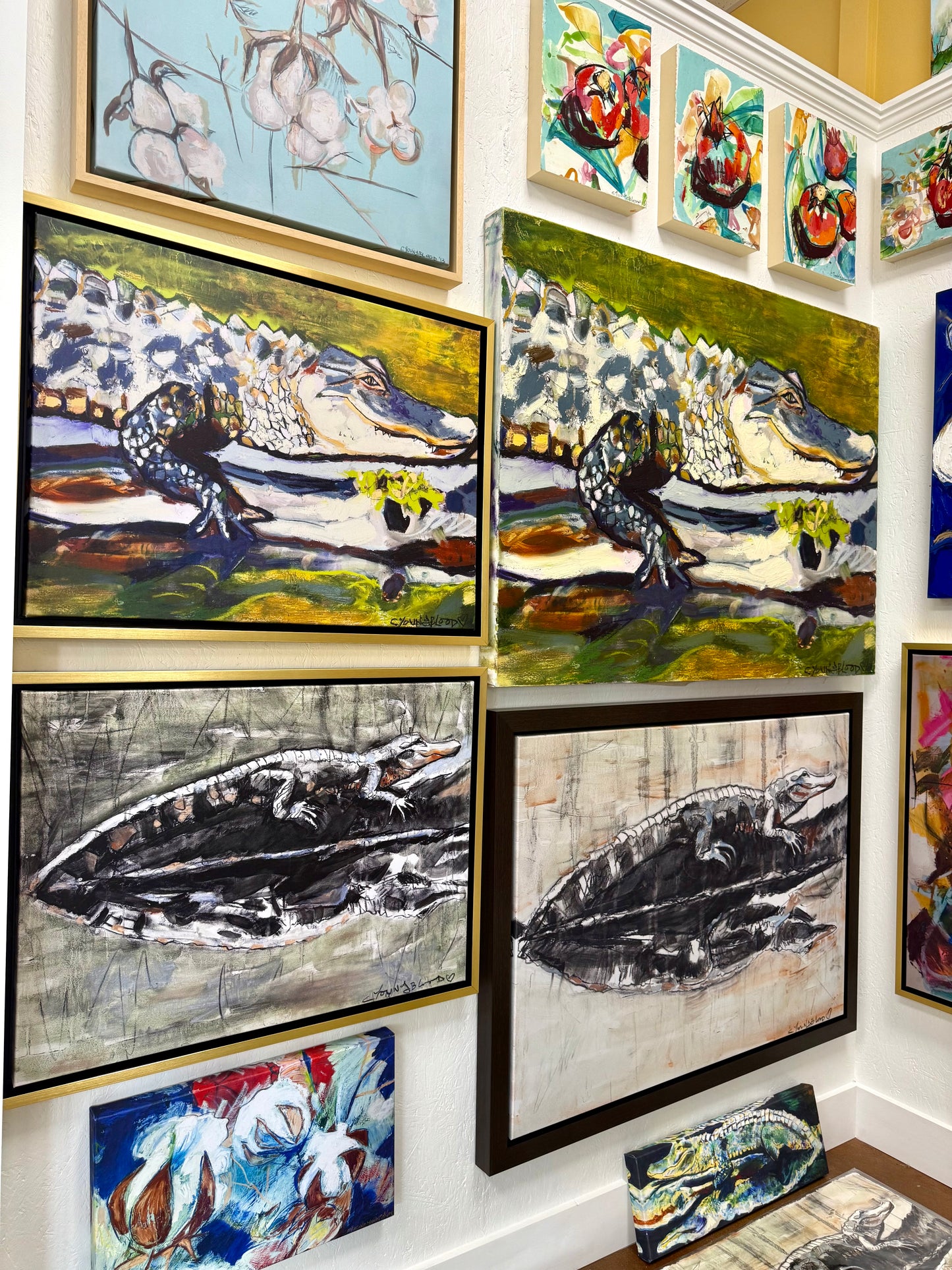 Chartreuse Gator (30x22”) Giclee on Canvas with Gold Floating Frame