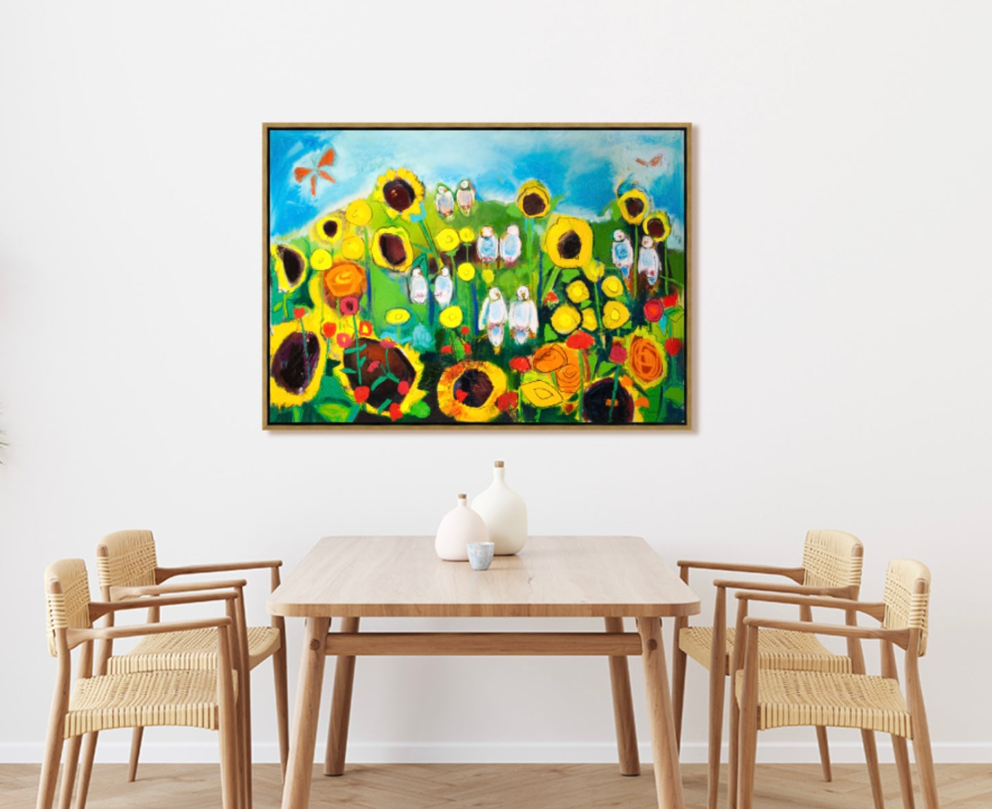“Sunflower Field with Doves” (48x35”) giclee printed canvas with gold floating frame