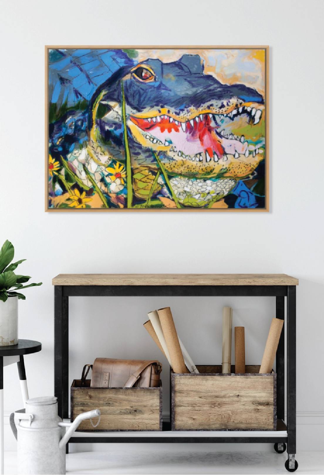 Gator in Wildflowers (36x48”) with natural wood floating frame
