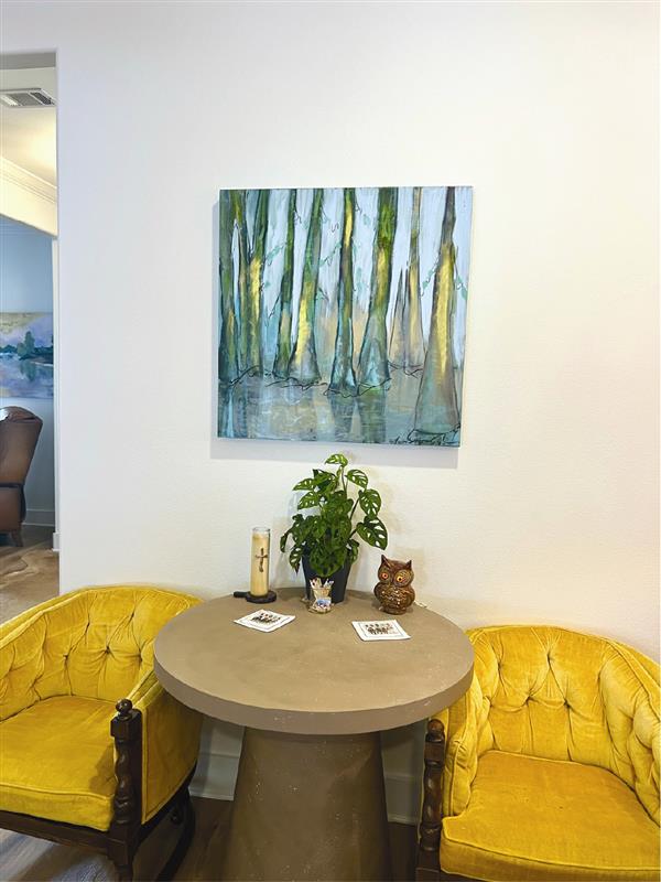 Green Bayou with Cypress Trees (30x30”) with natural wood floating frame