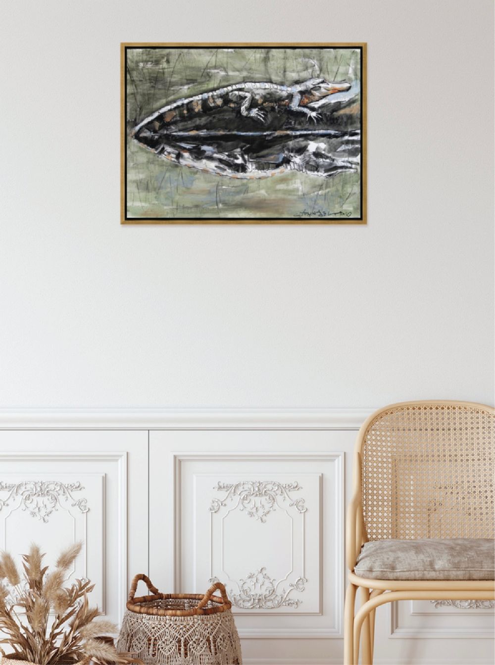 Green Gator Study (22x30) with gold floating frame