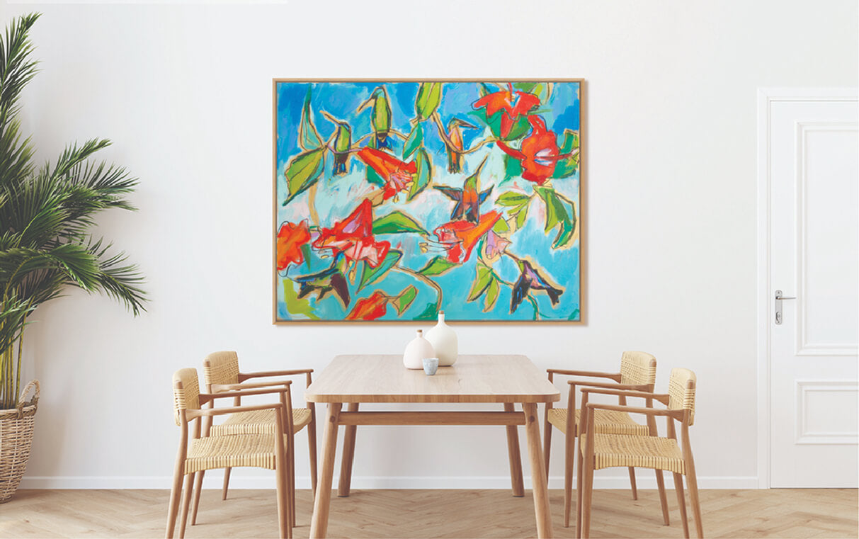 Hummingbirds and Hibiscus (48x60”) with gold floating frame