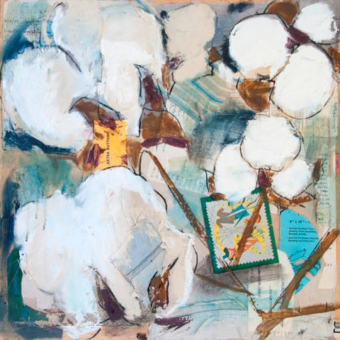 Vintage Cotton Sewing Collage (24x24”) Giclee printed canvas with natural wood floating frame