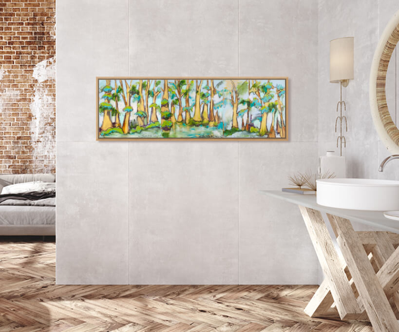 Soft Bayou Triptych (55 x 18") giclee on canvas with Natural Wood Floating Frame