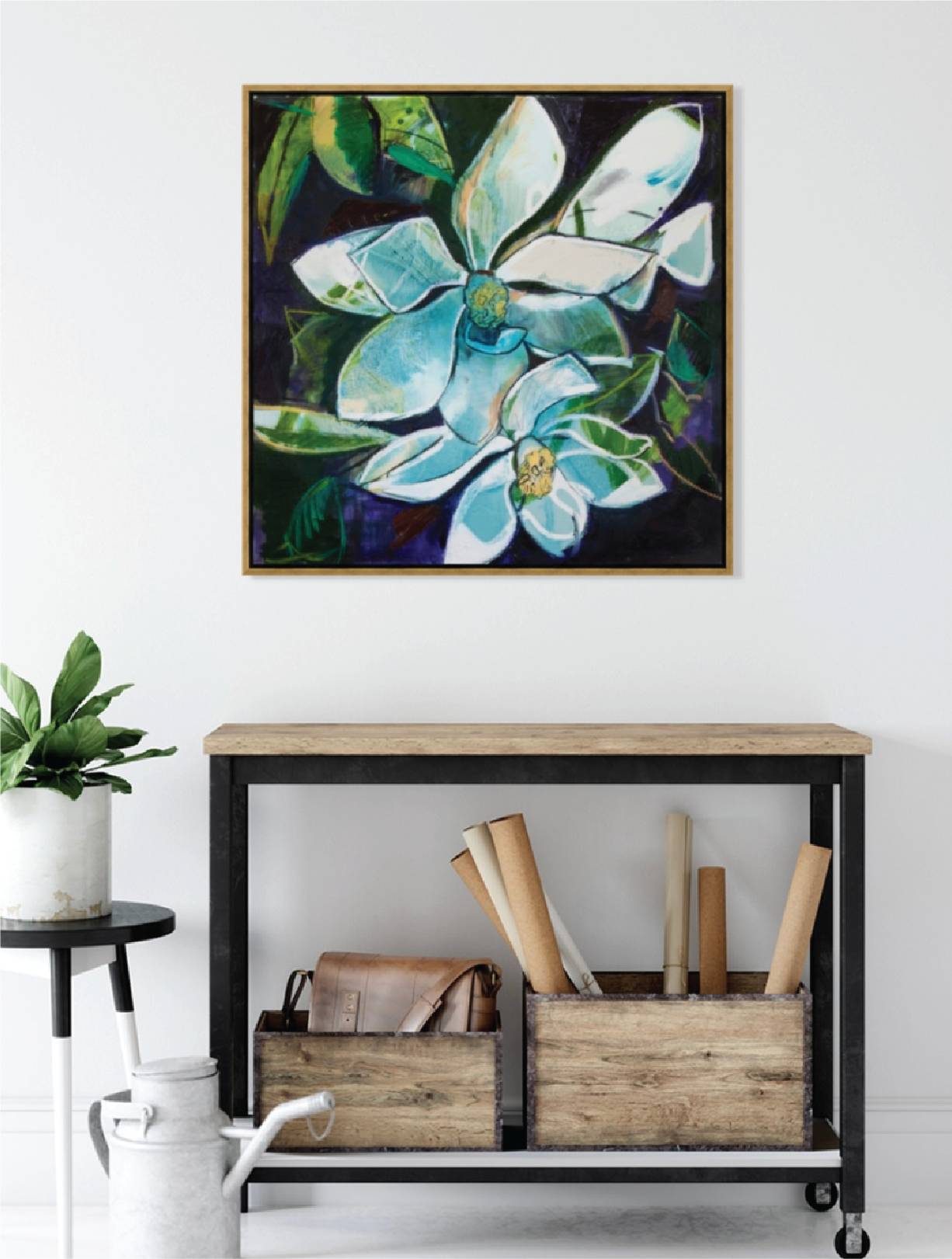 Magnolia at Night (48x48”) with gold floating frame
