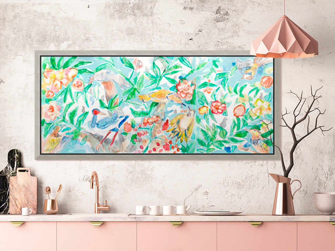 "Tree of Life with Birds Watercolor" giclee on canvas with Champagne Floating Frame (60 x 27")