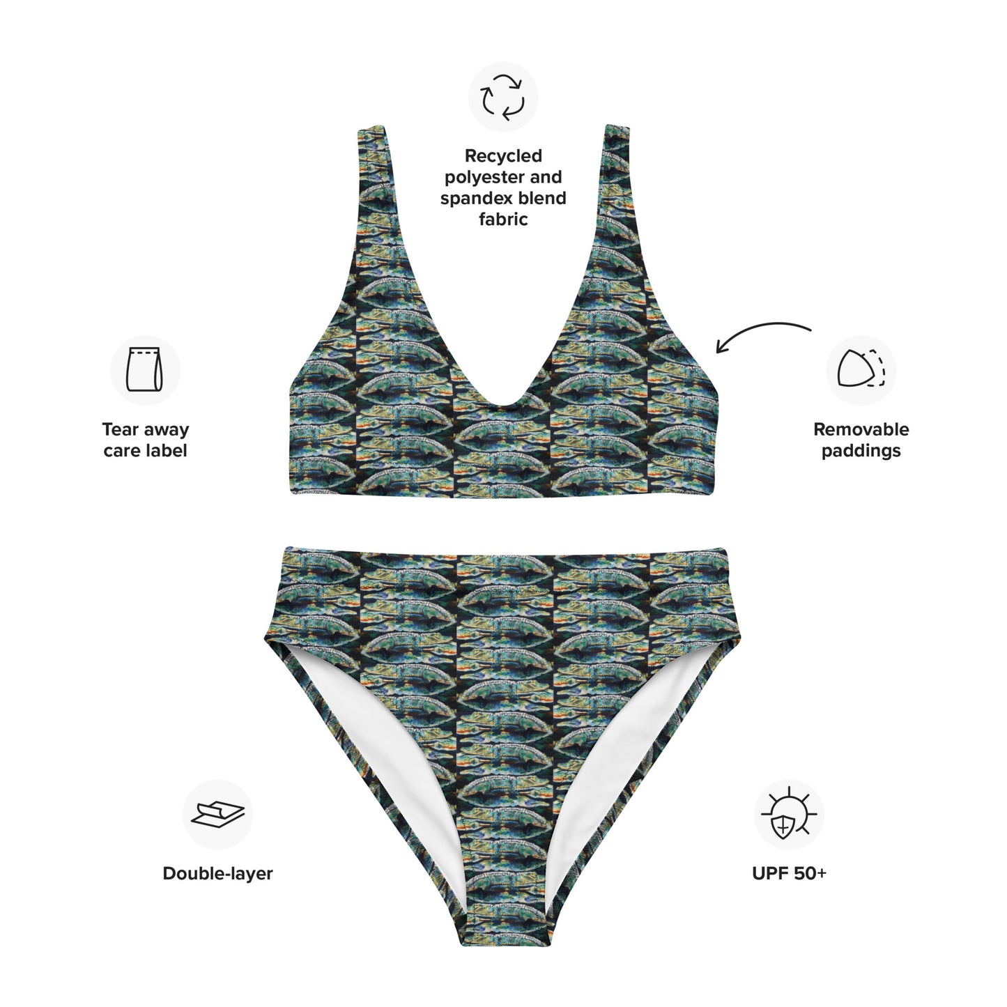 Psychedelic Gator Reflection Recycled high-waisted bikini