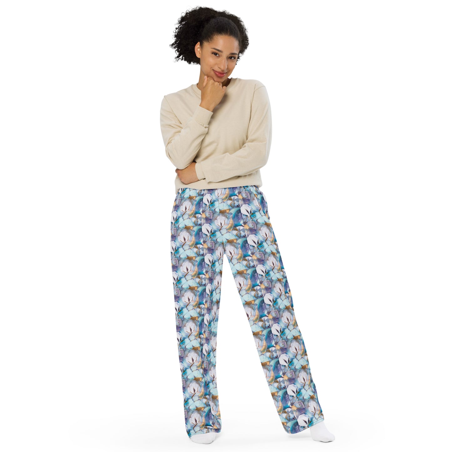 Aqua Cotton All-over print unisex wide-leg pants