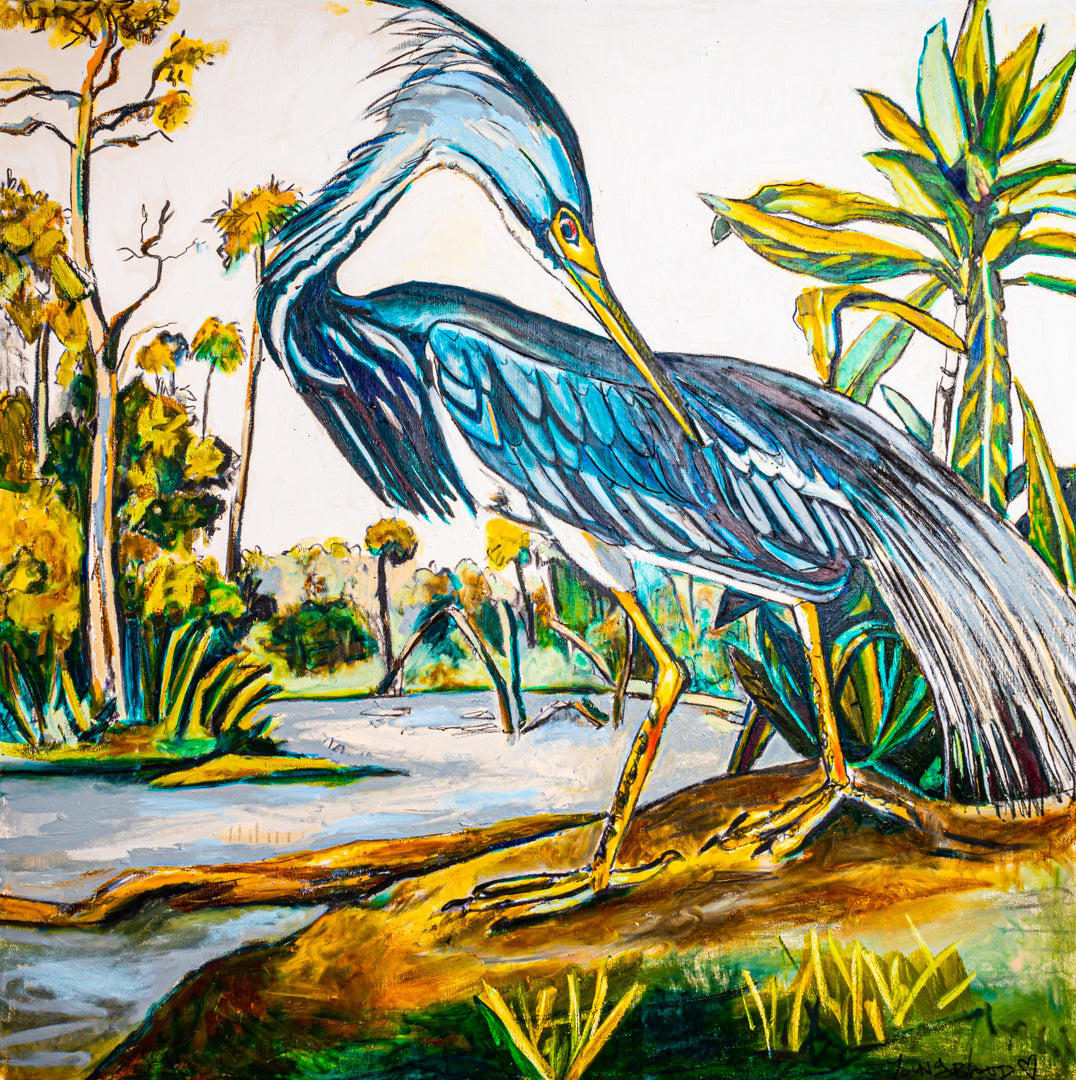 Blue Heron Giclee on Canvas (36x36”) with Gold Floating Frame