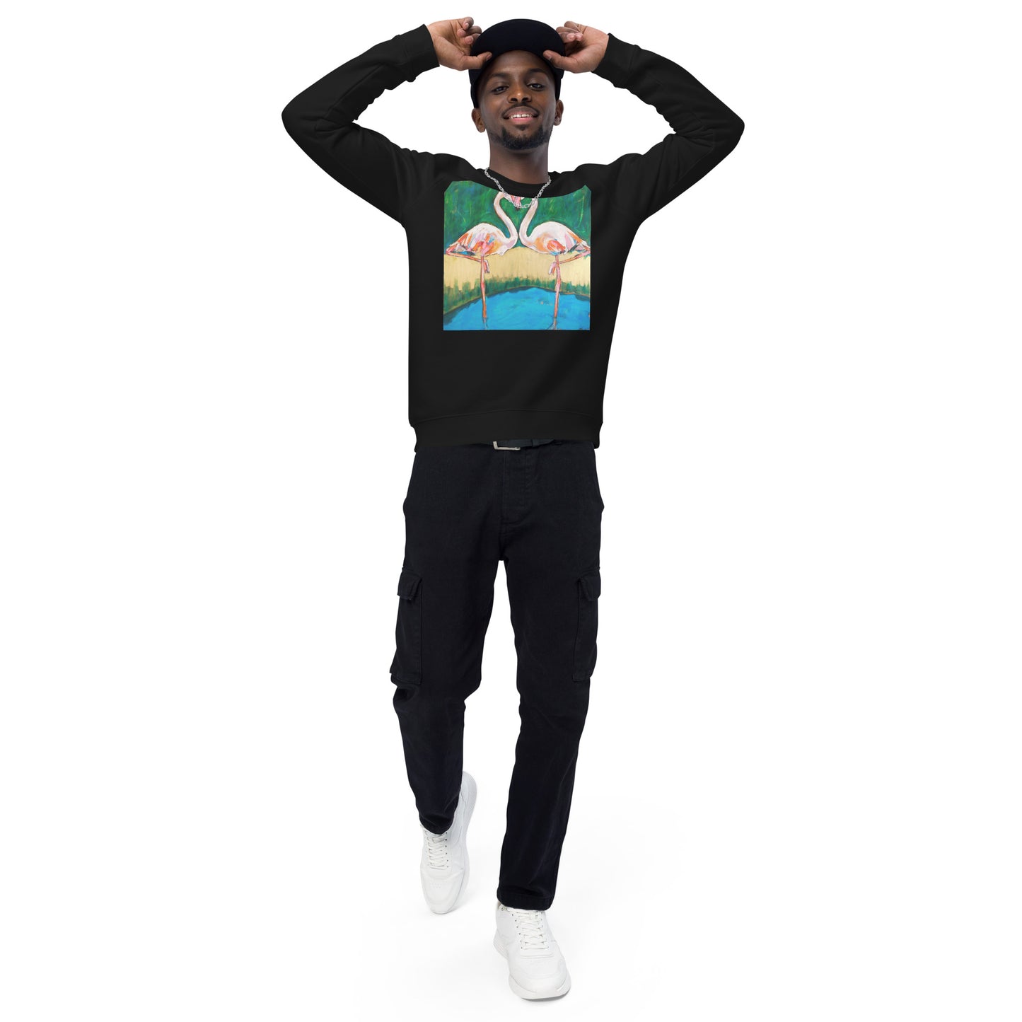 Flamingo Oasis Unisex organic raglan sweatshirt