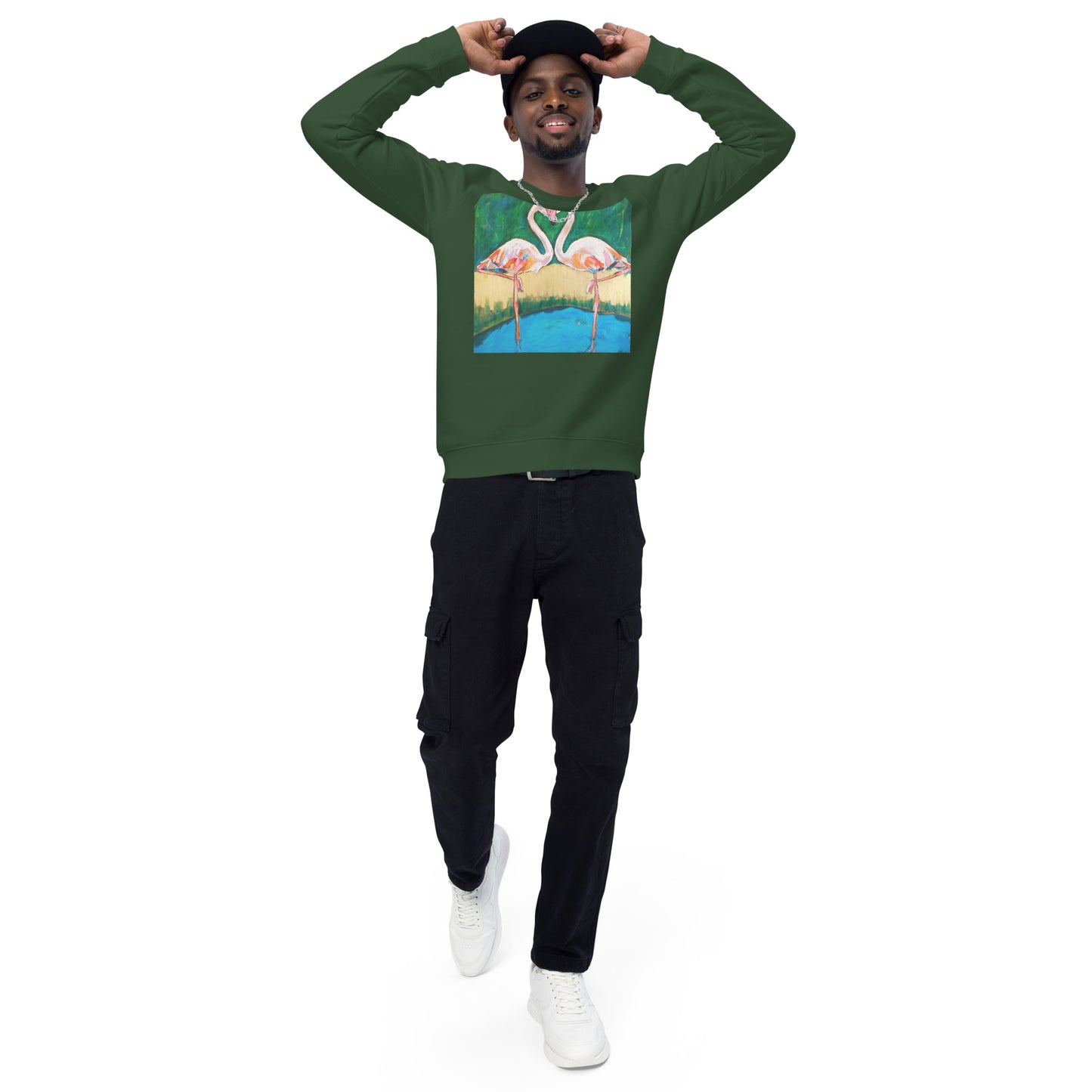 Flamingo Oasis Unisex organic raglan sweatshirt