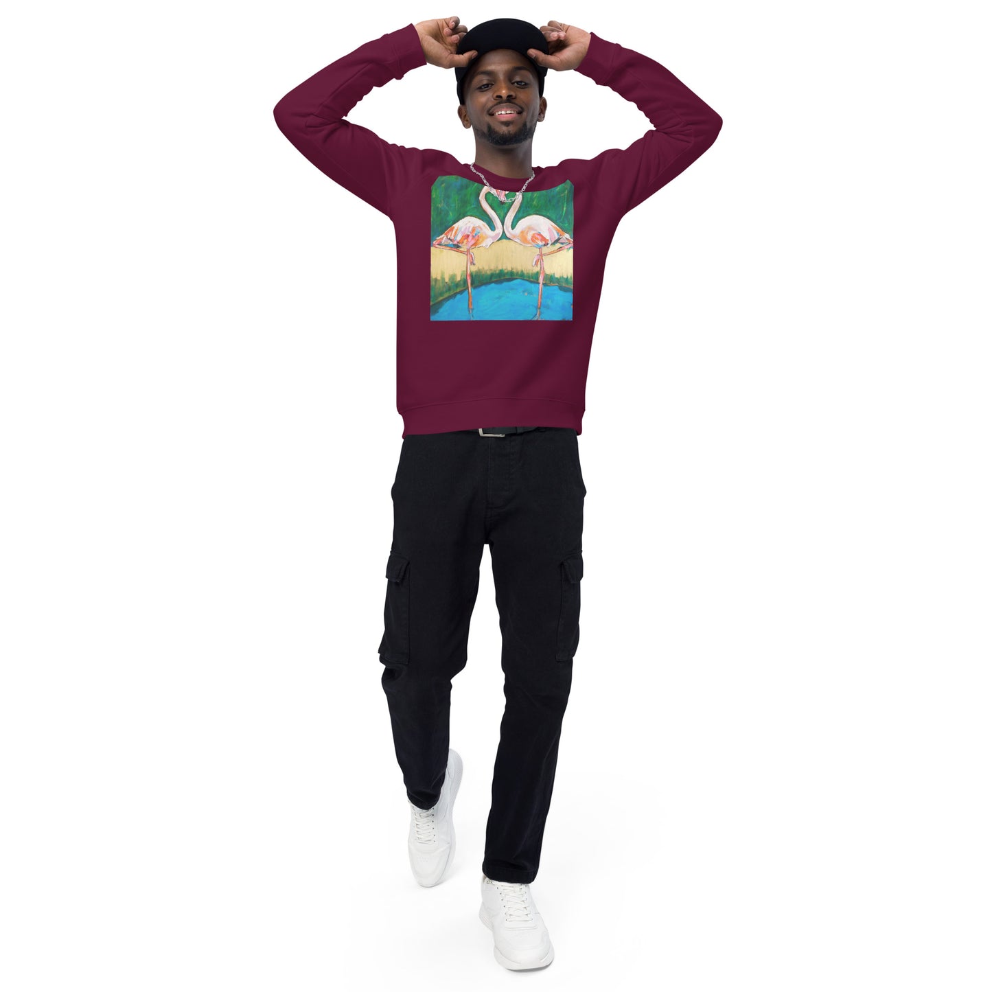 Flamingo Oasis Unisex organic raglan sweatshirt