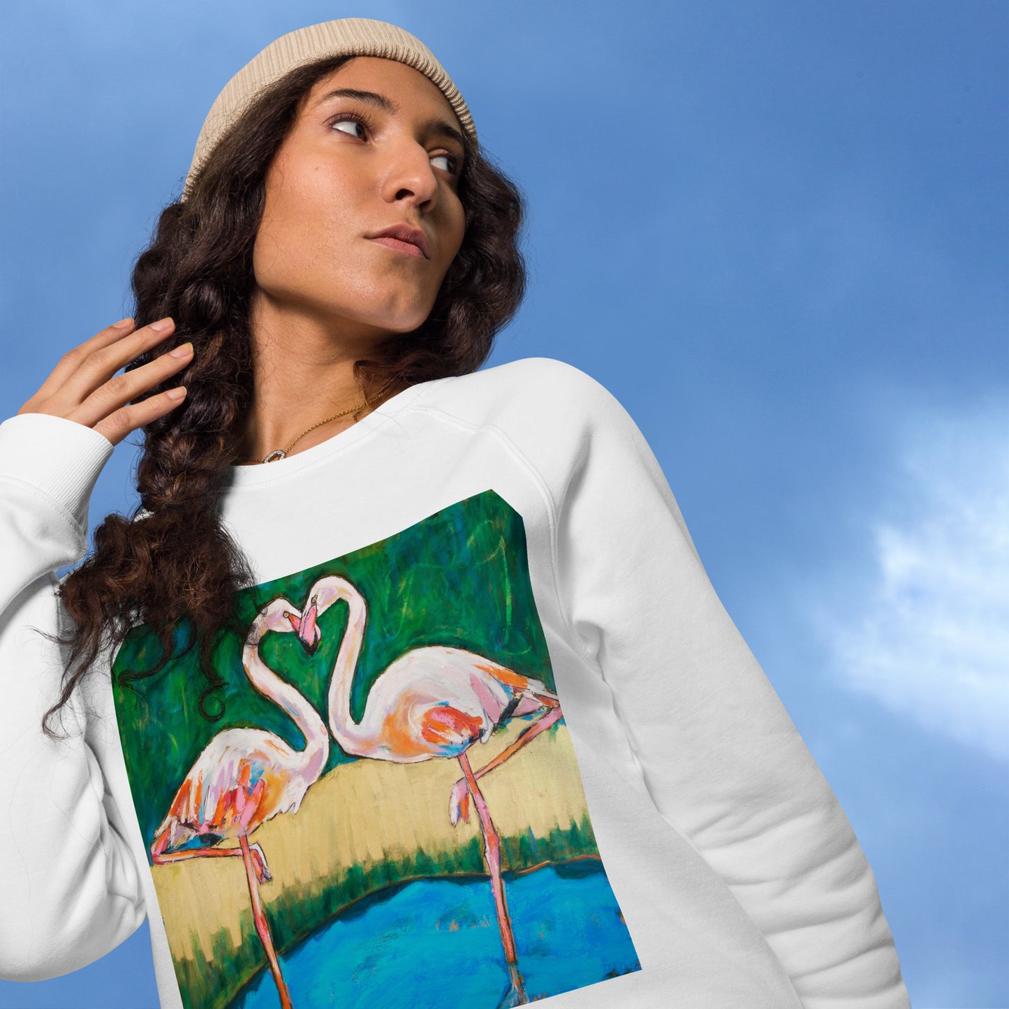 Flamingo Oasis Unisex organic raglan sweatshirt