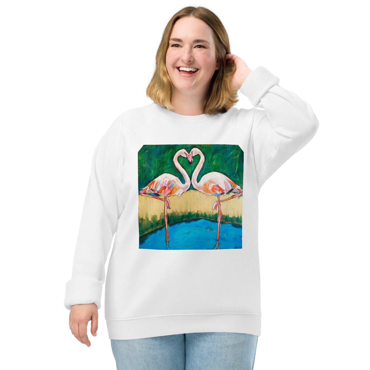 Flamingo Oasis Unisex organic raglan sweatshirt