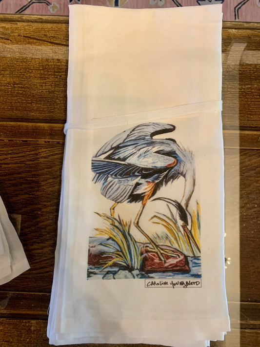 Blue Heron Catching Fish Tea Towel