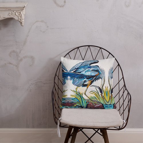 Blue Heron Catching Fish Pattern Premium Pillow