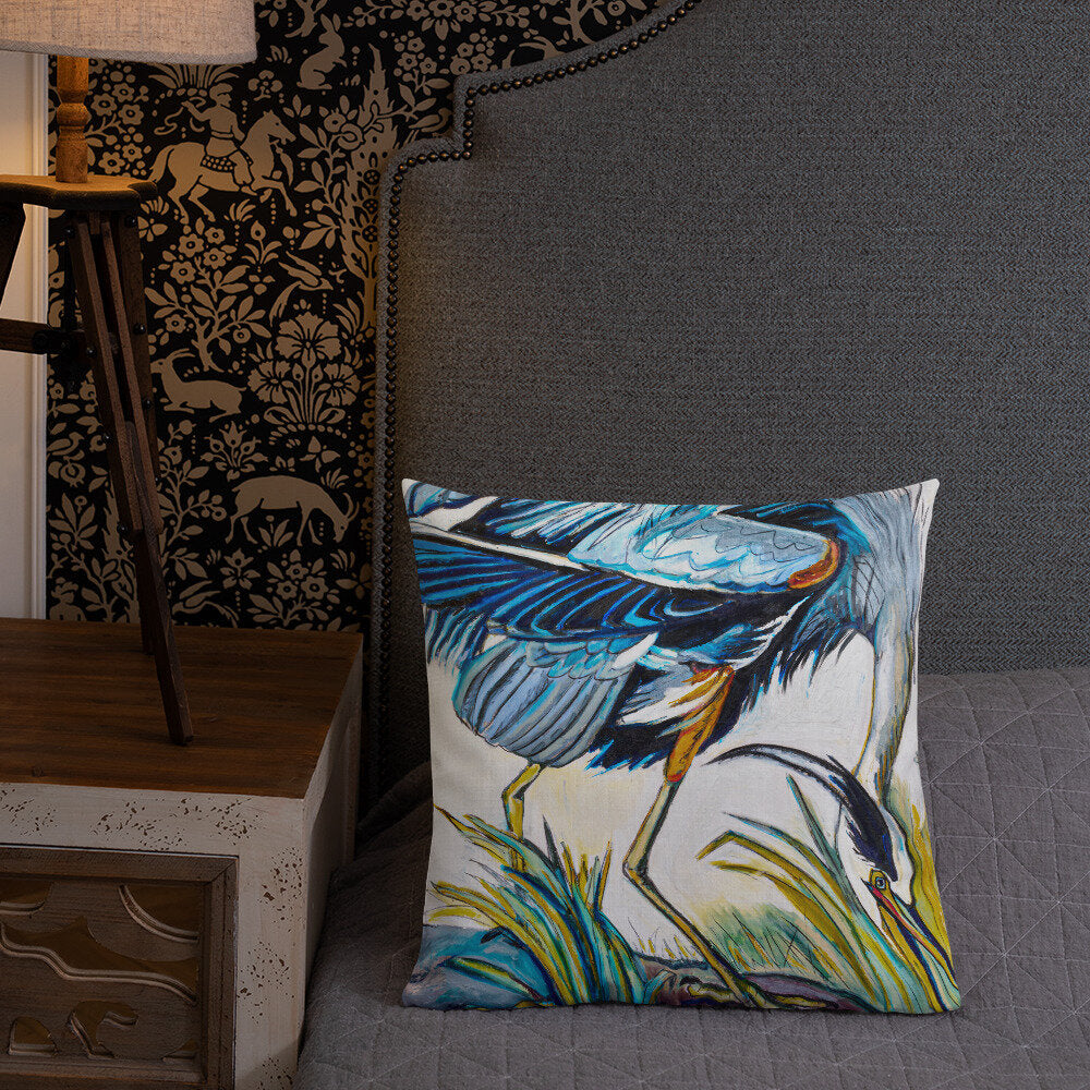 Blue Heron Catching Fish Premium Pillow