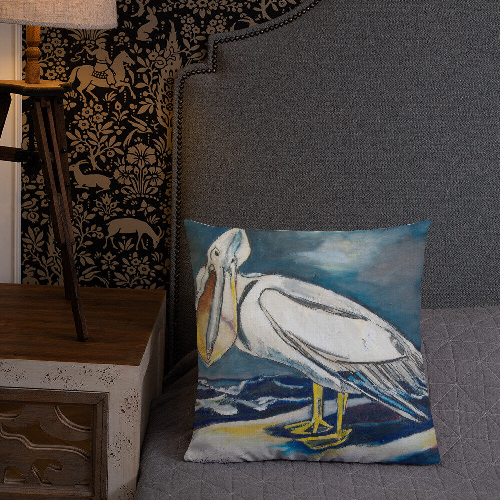 White Pelican on the Shore Premium Pillow