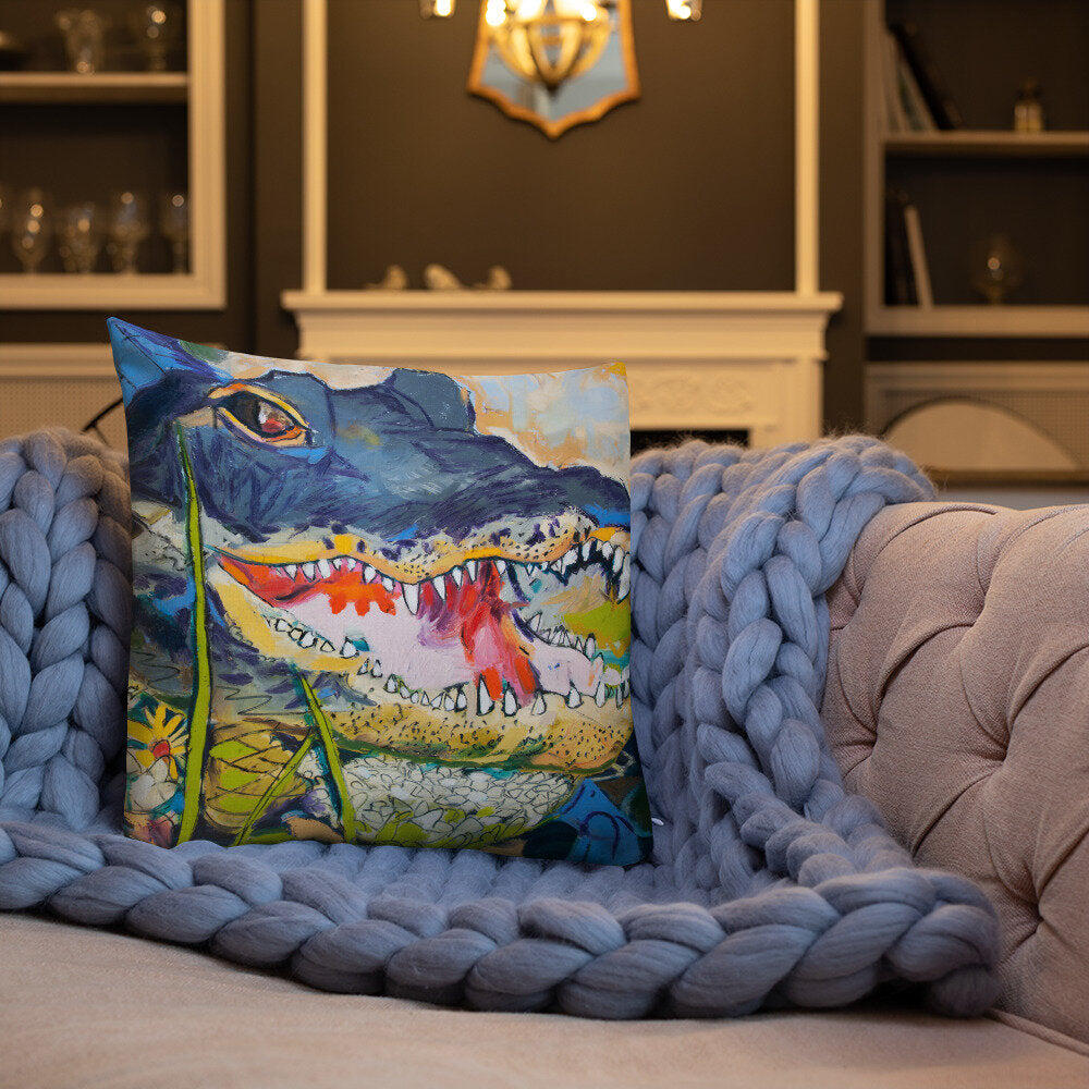 Cropped Gator with Wildflowers Premium Pillow