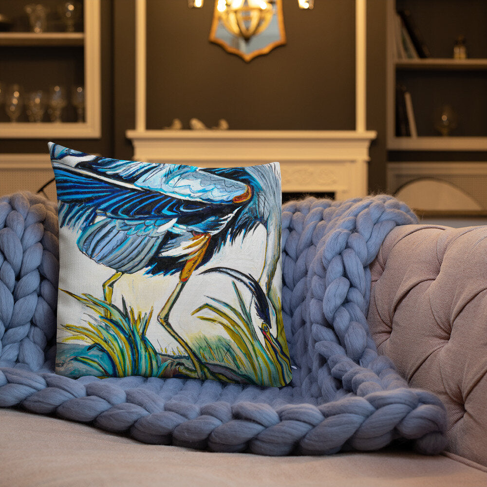 Blue Heron Catching Fish Premium Pillow