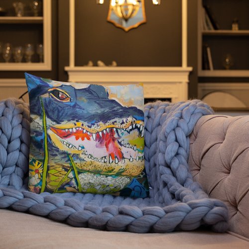 Gator with Wildflowers Pattern Premium Pillow