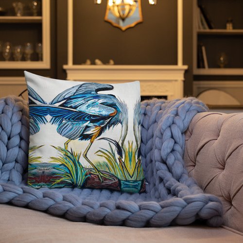 Blue Heron Catching Fish Pattern Premium Pillow