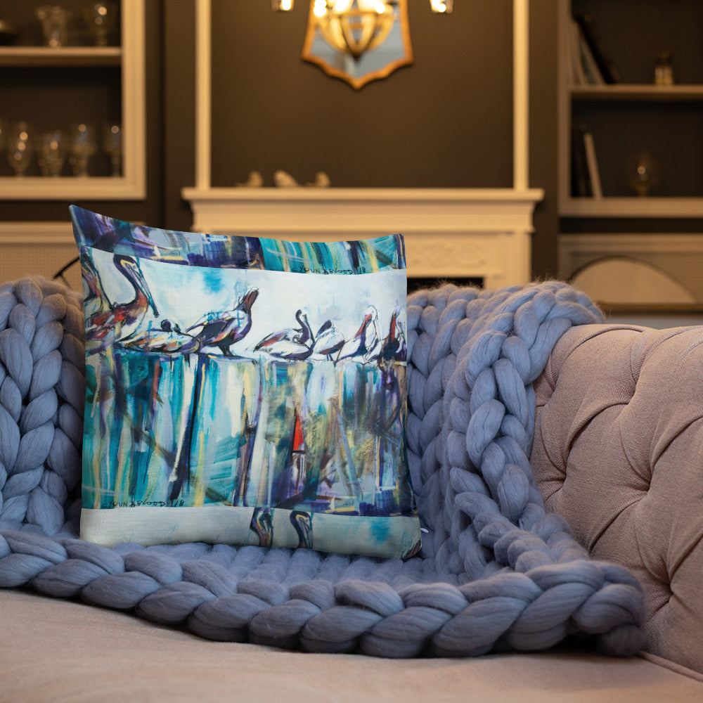 Bold Pelicans on the Pier Premium Pillow