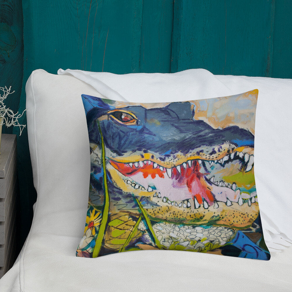 Cropped Gator with Wildflowers Premium Pillow