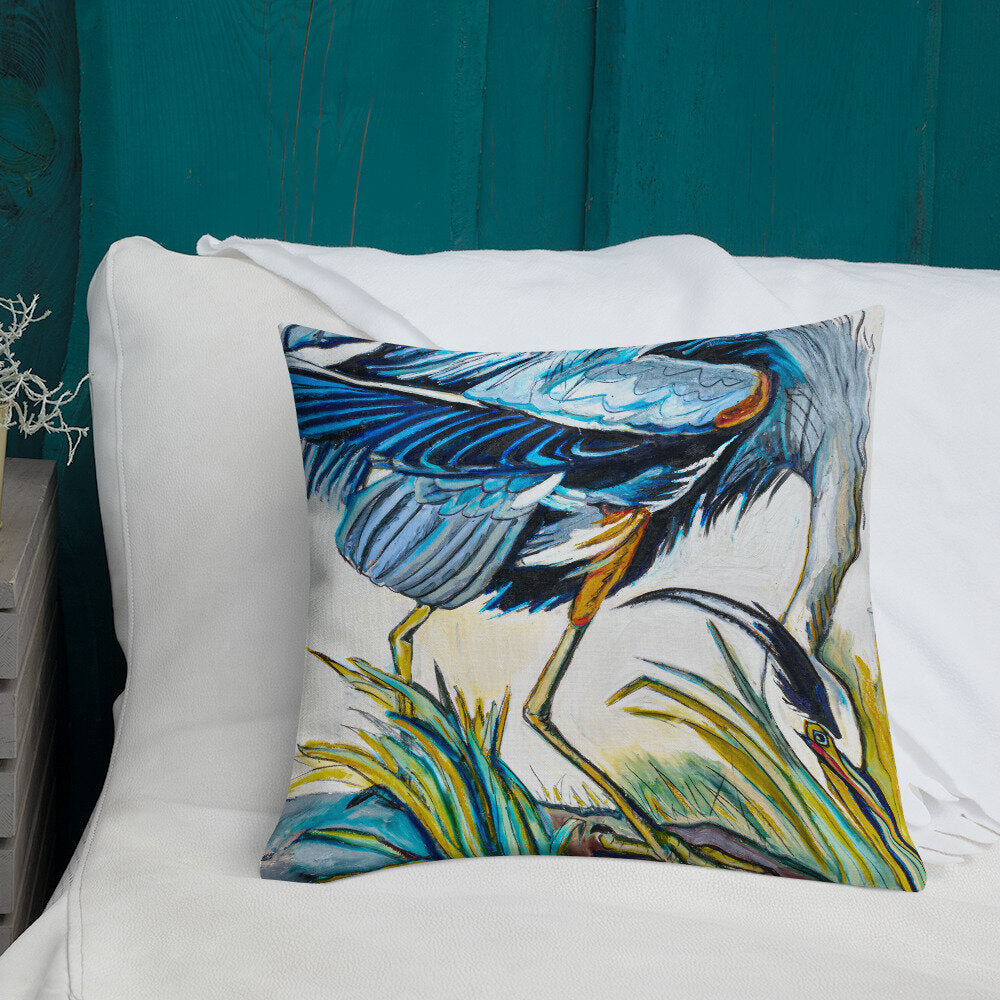 Blue Heron Catching Fish Premium Pillow