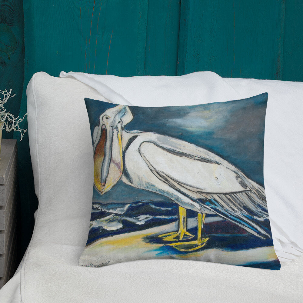 White Pelican on the Shore Premium Pillow