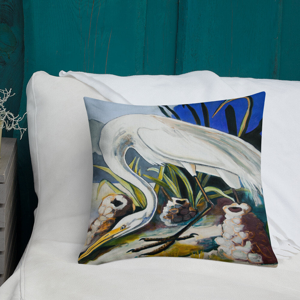 White Heron with Crawfish Piles Premium Pillow