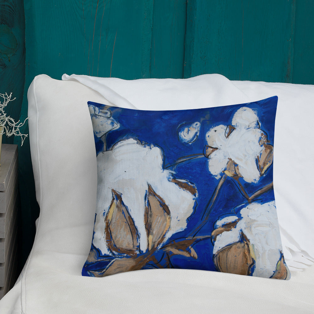 Cobalt Blue Cotton Stalks Premium Pillow