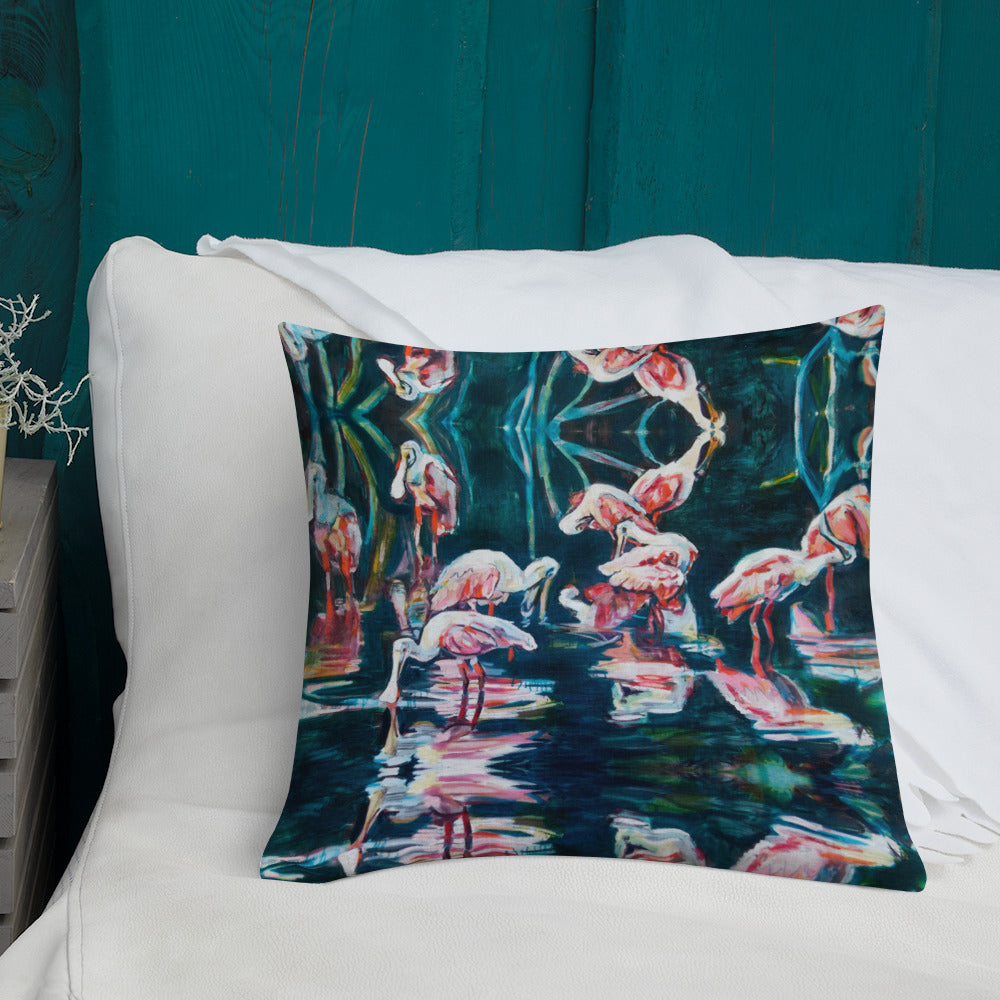 Roseate Spoonbills Reflection Premium Pillow